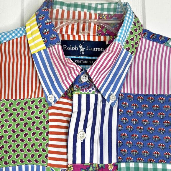 Vintage Ralph Lauren Patchwork Long Sleeve Button Up Shirt Men S - Picture 5 of 8